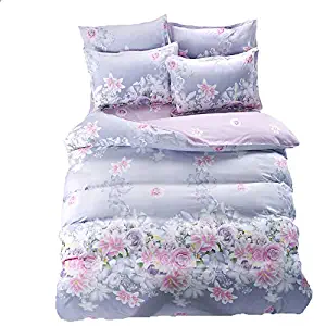 KFZ Bedding Set Duvet Cover Flat Sheet Pillowcase No Comforter 4pcs/Set CQ Twin Full Queen King Love Flower Rosemary Swaying Design for Kids (Love Sea Flower, Purple, Twin, 58"x79", 3pcs)