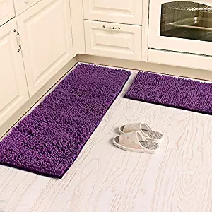 Ustide 2-Piece Kitchen Rug Set Shaggy Chenille Rug Purple Washable Bath Mat Non-Slip Absorbent Floor Rugs Carpet