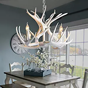 NIUYAO Retro Farmhouse Candle Style Resin Deer Antler White Chandeliers Faux Antler Fixture 4 Light Matching Chain Creative Pendant Light for Living Room Restaurant Bar Cafe Dining Rooms