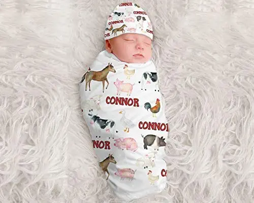 Baby Boy Personalized Farm Animals Blanket Personalized Swaddle Blanket Baby Boy Receiving Blanket Monogram Baby Blanket Baby Boys Farm Pig