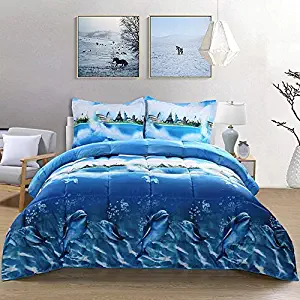 bednlinens&things Soft All Season Box Stitched Blue Dolphin 3D Down Alternative Comforter Duvet Insert-Lightweight (Dolphin, Queen)