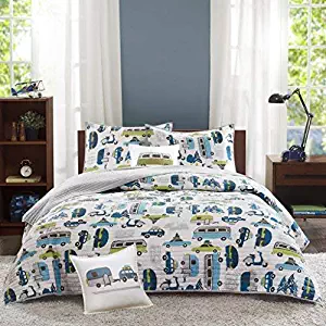 INK+IVY Kids Road Trip Twin Bedding Sets Boys Quilt Set - White Blue, Car – 3 Piece Kids Quilt for Boys – 100% Cotton Quilt Sets Coverlet