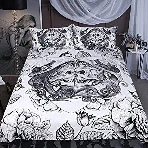 Sleepwish Grunge Sugar Skull Bedding Mexican Day of The Dead Couple Set Heart Kiss Decorative 3 Piece Bedding Set with 2 Pillow Shams (Black and White, King)