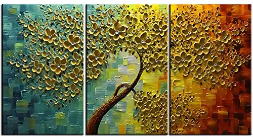 baccow Oil Paintings 3 Panel Wall Art 28203, Abstract 3D Flowers Trees Painting Canvas Palette, Hand Painted Framed Teal Wall Art for Living Room Bedroom Dining Room Office Home Decoration in Metal