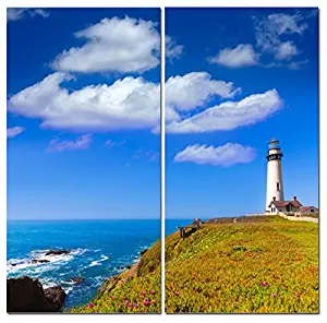 Canvas Wall Art Decor - 12x24 2 Piece Set (Total 24x24 inch) - Coastal Ocean Lighthouse - Decorative & Modern Multi Panel Split Prints for Dining & Living Room, Kitchen, Bathroom, Bedroom & Office