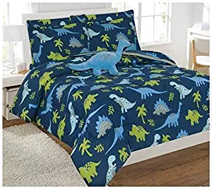 Fancy Linen 8 pc Full Size Dinosaur Blue Light Blue Grey Green Comforter Set with Furry Buddy Included # Dino Blue