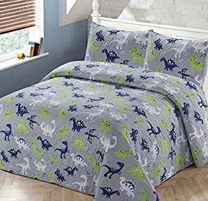 Luxury Home Collection 3 Piece Full/Queen Size Quilt Coverlet Bedspread Bedding Set for Kids Boys Dinosaurs Navy Blue Gray White Green