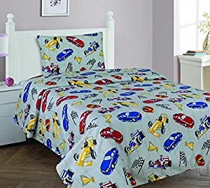 Elegant Home Multicolor Grey Red Blue Yellow Racing Cars Design 3 Piece Printed Twin Size Sheet Set with Pillowcase Flat Fitted Sheet for Boys / Kids/ Teens # Race Car (Twin)