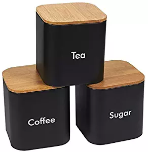 Kitchen Canister Set - 3-Piece Coffee, Sugar, and Tea Storage Container Jars with Bamboo Lids, Kitchen Organizers, Black, 4.6 x 4.8 x 4.6 Inches