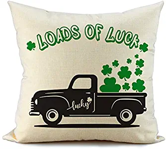 FIBEROMANCE St Patricks Day Pillow Cover 18x18 Loads of Luck Truck Green Clover Farmhouse Happy St Patricks Day Decorations Lucky Decorative Cushion Case Spring Home Decor F113