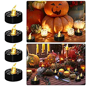 DeePrinter Halloween Spider Web Printed Led Tea Candles Flameless Warm White Flickering Battery Operated Set of 12 Tealights Ideal Party Thanksgiving Home Decoration-Black Shell