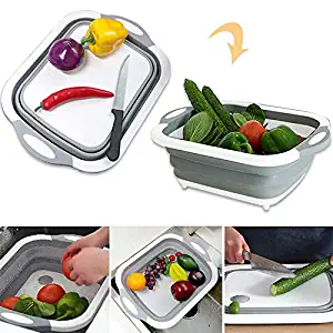 Collapsible Fold Cutting Board with Dish Tub Space Save Folding Washing Bowl Draining Basket Basin Sink Colander with Plug Chopping Slicing Board Wash Strainer for Camping Picnic BBQ Kitchen (Style-1)