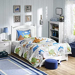 Mi Zone Kids Little Foot Full/Queen Bedding Sets Boys Quilt Set - Grey, Blue, Orange , Dinosaur – 4 Piece Kids Quilt For Boys – Cotton Filling Ultra Soft Microfiber Quilt Sets Coverlet