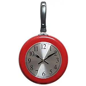 Wall Clock, 10 inch Metal Frying Pan Kitchen Wall Clock Home Decor - Kitchen Themed Unique Wall Clock with a Screwdriver (Red)