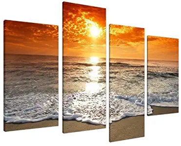 Large Sunset Beach Landscape Canvas Wall Art Pictures in Orange and Brown - XL - Multi Panel Prints - Modern Split Set of 4 Canvases - 130cm Wide