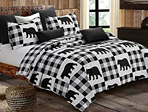 Virah Bella Buffalo Black Checks Bear 3pc Full/Queen Quilt Set, Lodge Cabin Plaid Bedding