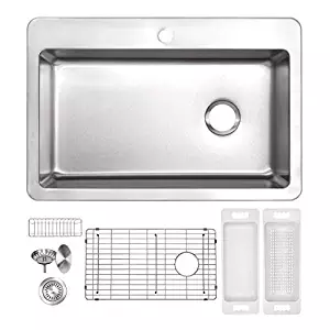 ZUHNE Verona 33 x 22 Single Bowl 1 Hole Drop-In Top or Over Mount Offset Drain 16 Gauge Stainless Steel Kitchen Sink W. Grate Protector, Caddy, Colander Set, Drain Strainer and Mounting Clips