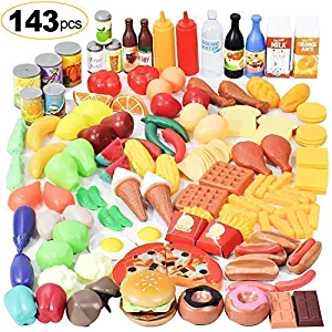 Shimfun Play Food Set, 143 Piece Play Food for Kids Kitchen - Toy Food Assortment - Pretend Food for Toddler - Food Toys - Bonus Water Bottle + Deluxe Color Box Packaging + Storage Bag