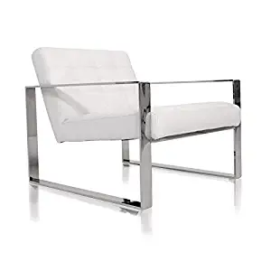 Urbanmod Minimalist Modern Vizzini Armchair White Leather Stainless Steel Legs, 30", White