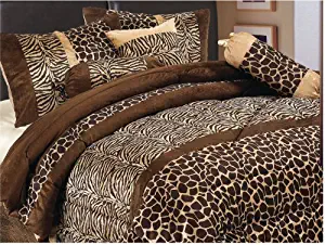 7 Piece Safari Comforter set Zebra Giraffe Bed in a Bag Brown Beige California Cal King size Micro Fur Bedding