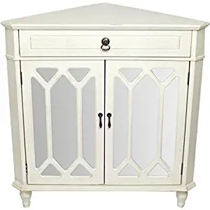 Heather Ann Creations The Dorset Collection Contemporary Style Wooden Double Door Floor Storage Living Room Corner Cabinet with Hexagonal Mirror Inserts and 1-Drawer, Antique White