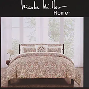 Nicole Miller Bedding Duvet Cover Set King 3 pc Set Cotton Paisley Medallion Floral Rust Sage Bohemian