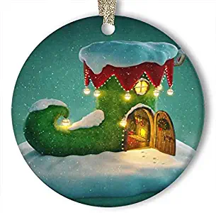 10CIDY Fairy House Elfs Shoes Fireplace Ornament (Round) Personalized Ceramic Holiday Christmas Ornament Ideas 2019
