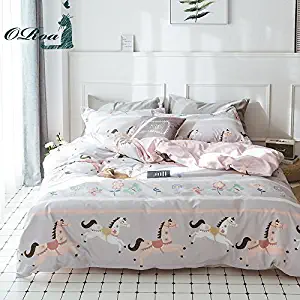 OTOB Cotton 100 Duvet Cover Queen Full Size Cartoon Animal Horse Butterfly Print for Kids Girls Toddler Teen, Soft Cozy Floral Horse Geometric Gingham Plaid Striped Bedding Sets Pink Grey