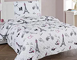 Golden Linens Twin Size 2 Pieces Printed Bedspread Coverlet Multi colors White Black Pink Paris Eiffel Tower Design Girls / Kids/ Teens # Paris Quilt