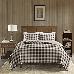 3 Piece Classic Buffalo Checkered Quilt Set King/ Cal King, Allover Stylish Cabin Check Pattern, Vibrant Solid Color Reverses Bedding, Elegance lodge, Plaid Themed, Unisex Tan Brown, Black Color