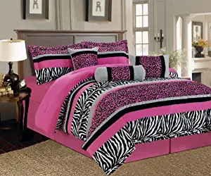 5 Pieces Twin Hot Pink, Black and White Leopard Zebra Comforter Set Bed-in-a-bag Bedding