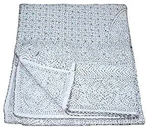 V Vedant Designs Indian Handmade Quilt Vintage Kantha Bedspread Throw Cotton Blanket Ralli Gudari White 90x108 inch