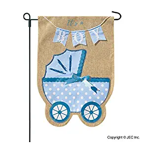 New Baby Banner Baby Boy Garden Flag, Yard Sign, Car Decoration - Blue Carriage Baby Buggy Design On Burlap Banner - 12x18 - Home Garden Flag