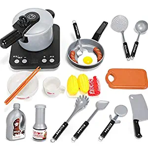 Thinkingwings Kids Kitchen Pretend Play Toys Including Induction Stovetop Tea Kettle Pots and Pans with Cooking Utensils Toys Set Food Set for Kids Toddlers Children Age 3 Years and Up