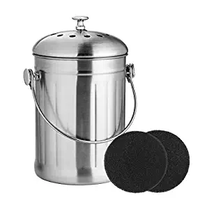 Compost Bin, Stainless Steel Indoor Compost Bucket for Kitchen Countertop Odorless Compost Pail for Kitchen Food Waste with A Carrying Handle and 2 Charcoal Filter 1.3 Gallon Easy to Clean