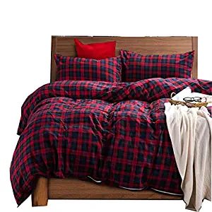 Deep Sleep Home 100% Cotton Flannel Fabric 300 Thread Count Percale Dark Red Blue Plaid Design 4pc Duvet Cover Set Christmas Gift Wrinkle Resistance Full/Queen Size(Queen, Dark Red-ED)