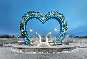 Baocicco Romantic Wedding Lover World Photography Backdrops 12x10ft Square Fountain Early Evening with Blue Shining Heart Shaped Decorated Background Rural Scenery