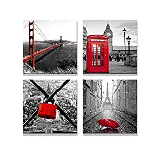 Spoonbills Modern Canvas Print Art for Home Decoration - 4 Panels of City View Painting in London & Paris, Red Love Lock, Bridge, Umbrella, Telephone Booth (12" x 12" 4pcs)