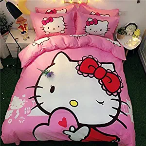 Casa 100% Cotton Kids Bedding Set Girls Hello Kitty Duvet Cover and Pillow case and Fitted Sheet,3 Pieces,Twin