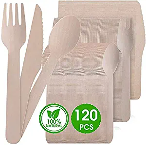 Disposable Cutlery Set, Wooden Disposable flatware set, Biodegradable 100% All-Natural Cutlery Set Length 6.3” Inches