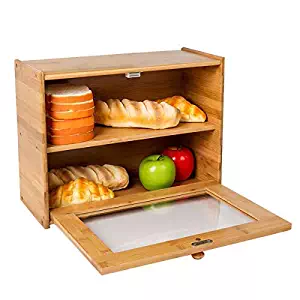 INDRESSME Bamboo 2- Layer Large Capacity Bread Box Countertop Bread Storage Bread Boxes for Kitchen Counter Retro Bread Bin with Transparent Window