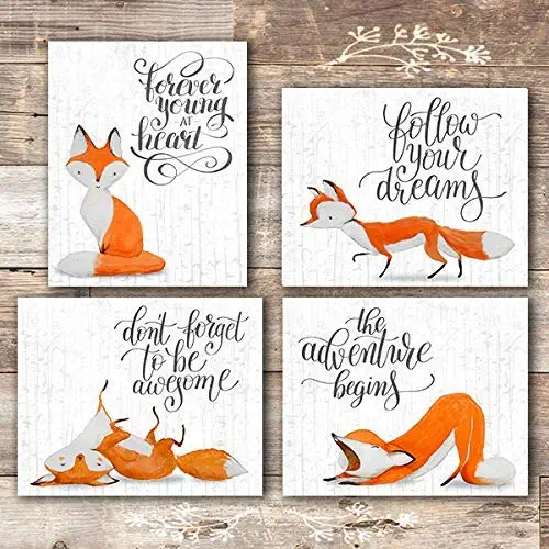 Fox Wall Art Prints (Set of 4) - Unframed - 8x10s | Woodland Nursery Decor