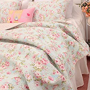 Kolachic 3 PCS Shabby Chic Country Cottage Floral Bedspread Quilt Coverlet Patchwork 100% Cotton Light Blue Queen Size