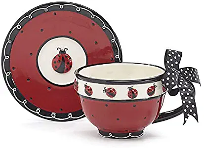 Whimsical Ladybug Teacup and Saucer Set with Bow on Handle Adorable Teacup for Teas