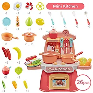 Super-ele Miniature Kitchen Plastic Pretend Play Food Children Toys with Music Light Kids Kitchen Cooking Toy Set for Girls Toys Boys Classic Pretend Play Imitate Chef Cook Fun Game Gift (Pink)