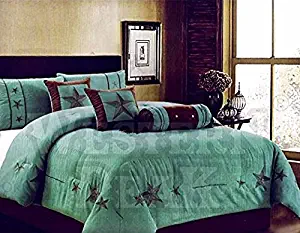 Western Peak Oversize Embroidery Texas Western Star Micro Suede Turquoise Brown Comforter Bedding Suede 7 Pieces Set (Queen)