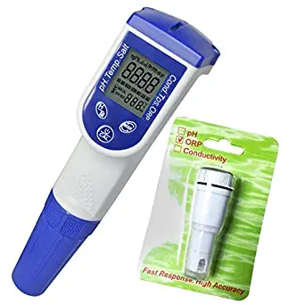 6-in-1 Waterproof pH/ORP/TDS/EC (Conductivity)/Salinity/Temp Meter Pocket Size Multi-Parameter Water Quality Tester Kit Replaceable ORP Probe