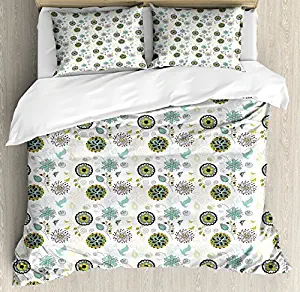 Floral 4 Piece Queen Size Duvet Cover Set, Bird and Butterfly Silhouettes with Flourishing Petals and Leaves Doodle, 4pcs Bedding Set Quilt Cover Bedspread with 2 Pillow Cases, Apple Green Brown Teal