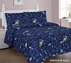 Elegant Home Multicolor Dinosaurs Jurassic Park Design 4 Piece Printed Full Size Sheet Set with Pillowcases Flat Fitted Sheet for Boys / Kids/ Teens # Dinosaurs Navy (Full Size)