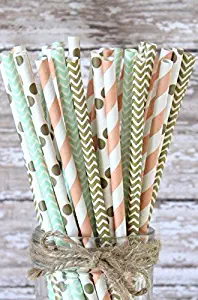 Charmed Peach, mint green and gold paper straws set of 100 straws